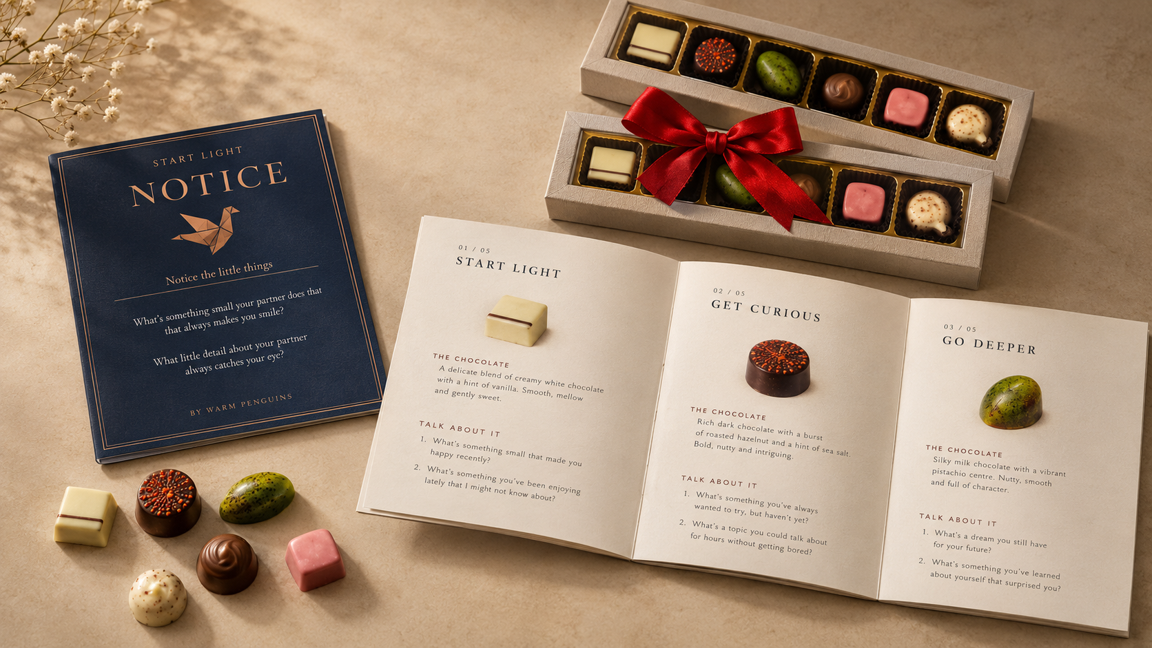 The Date Night Box: 12 Belgian chocolate pralines for two (two sets of six) beside the Warm Penguins conversation booklet