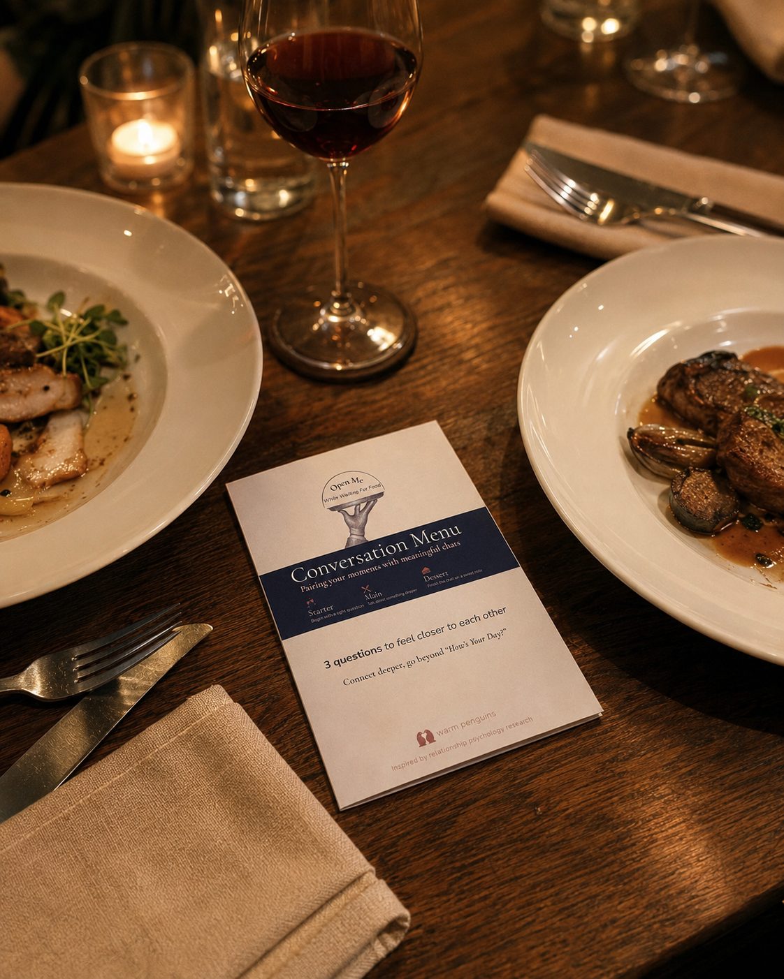 The Conversation Menu card placed on a restaurant table for date night