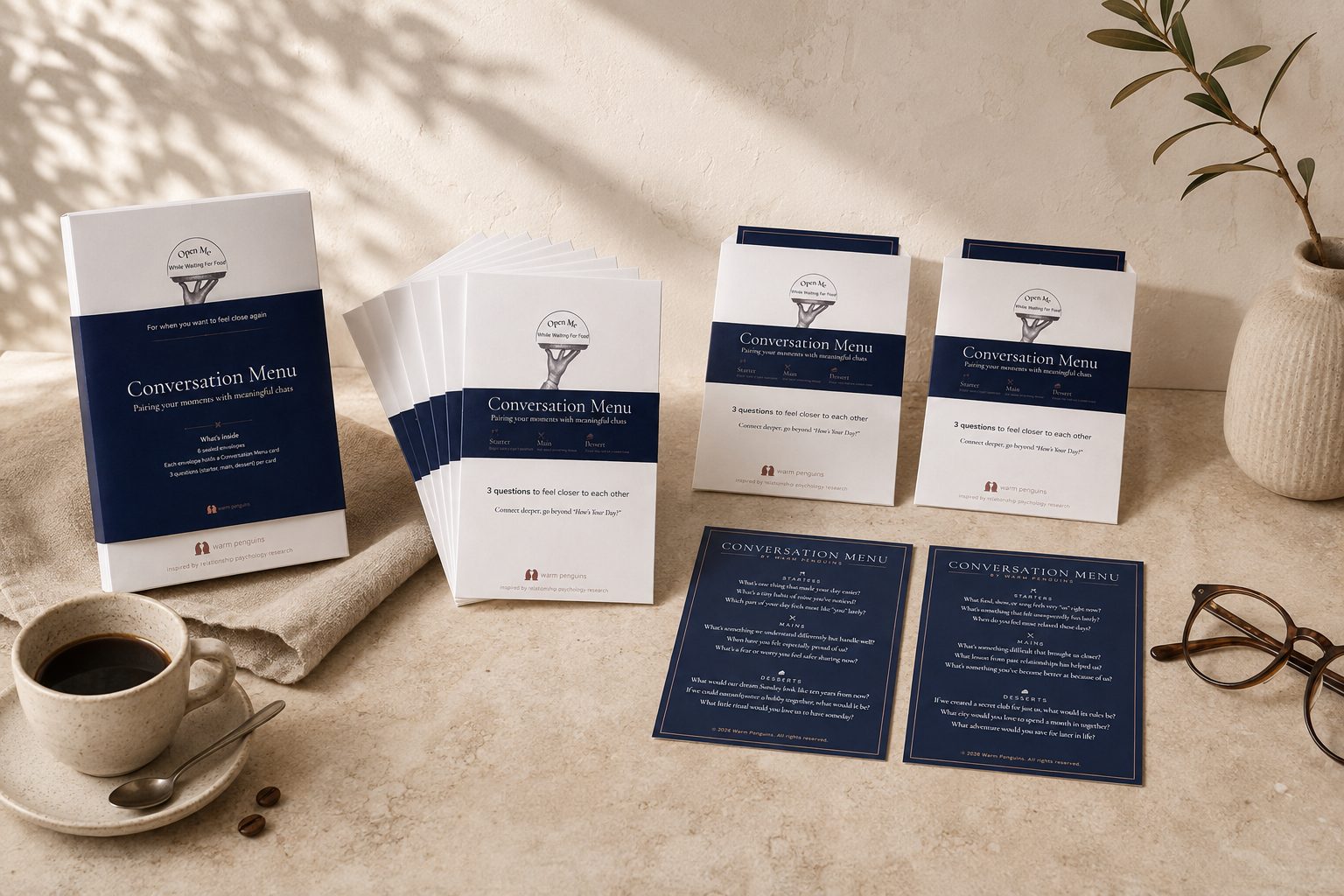 The full Warm Penguins Conversation Menu set with sealed envelopes and cards